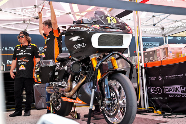Saddlemen King of the Baggers race bike in the paddock at MotoAmerica Road America, 2023