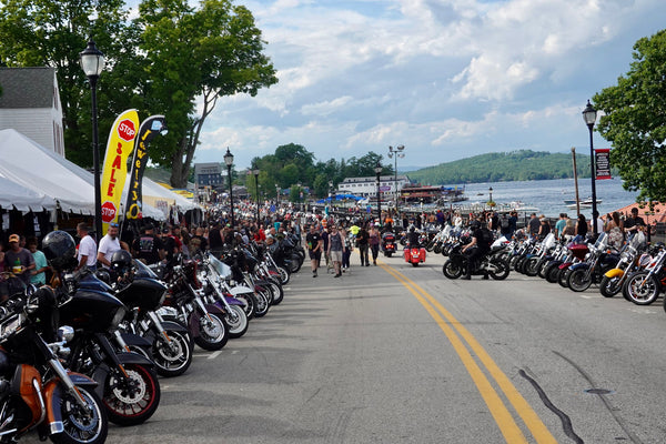 Weirs Beach strip lined with parked baggers, Laconia Motorcycle Week 2021