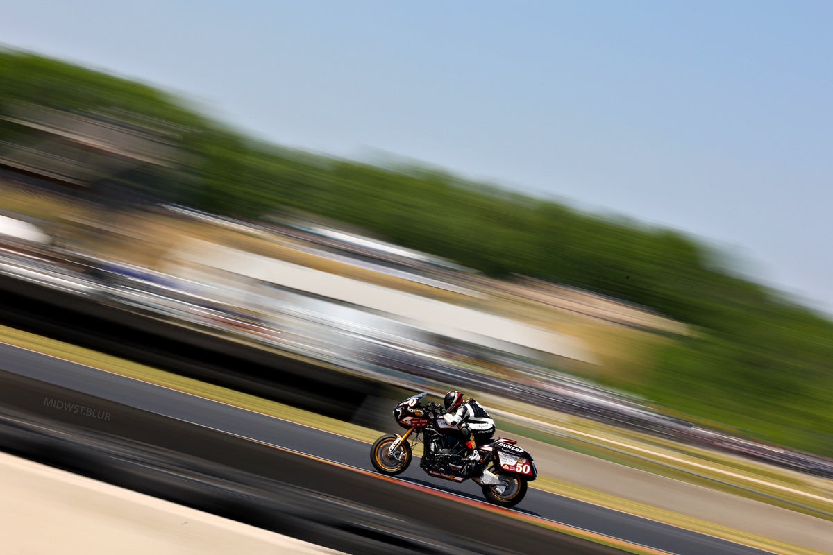 King of the Baggers bike at speed, panning shot at Road America, 2023