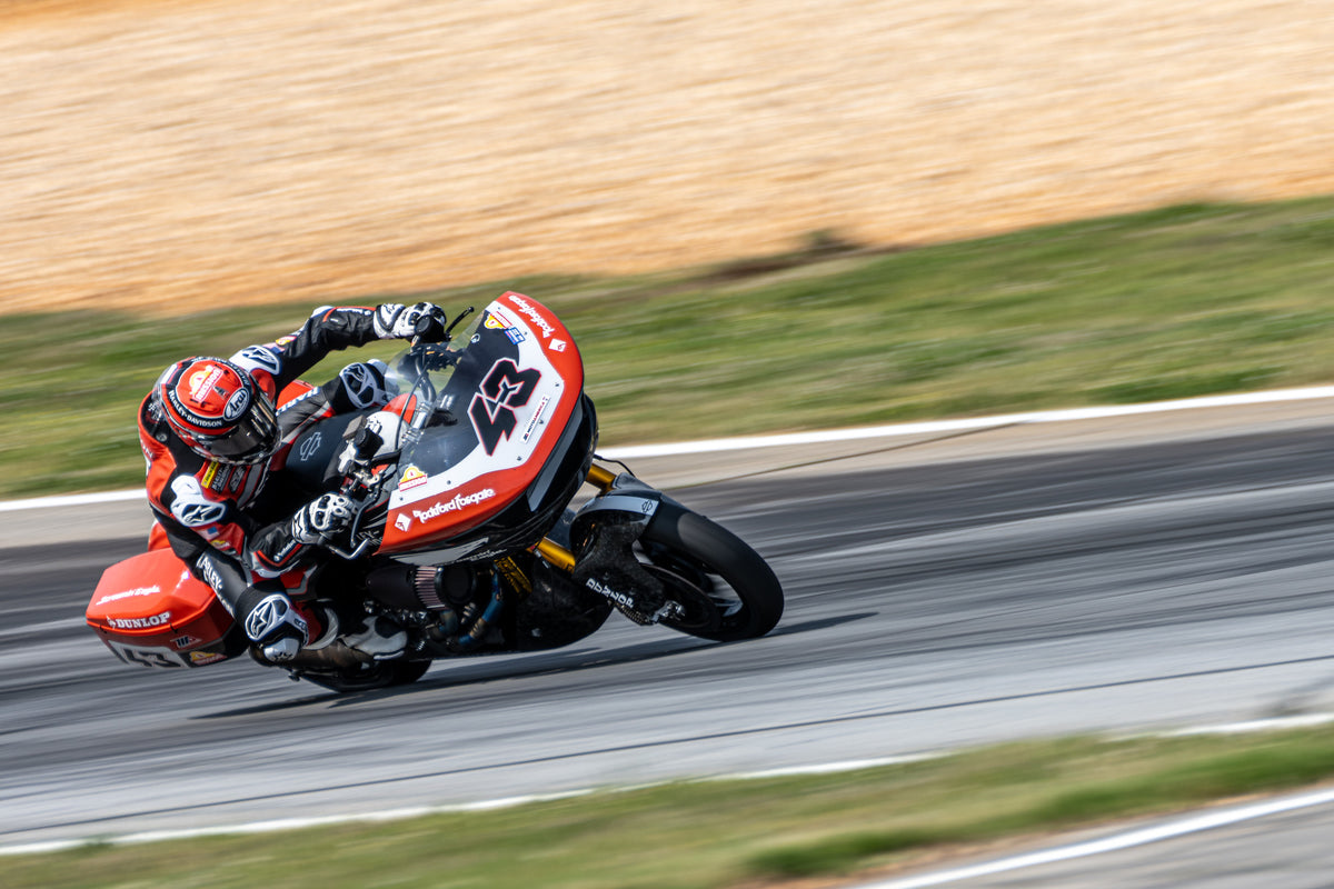 Harley-Davidson Screamin' Eagle number 43 bagger at full lean at Road Atlanta, 2024