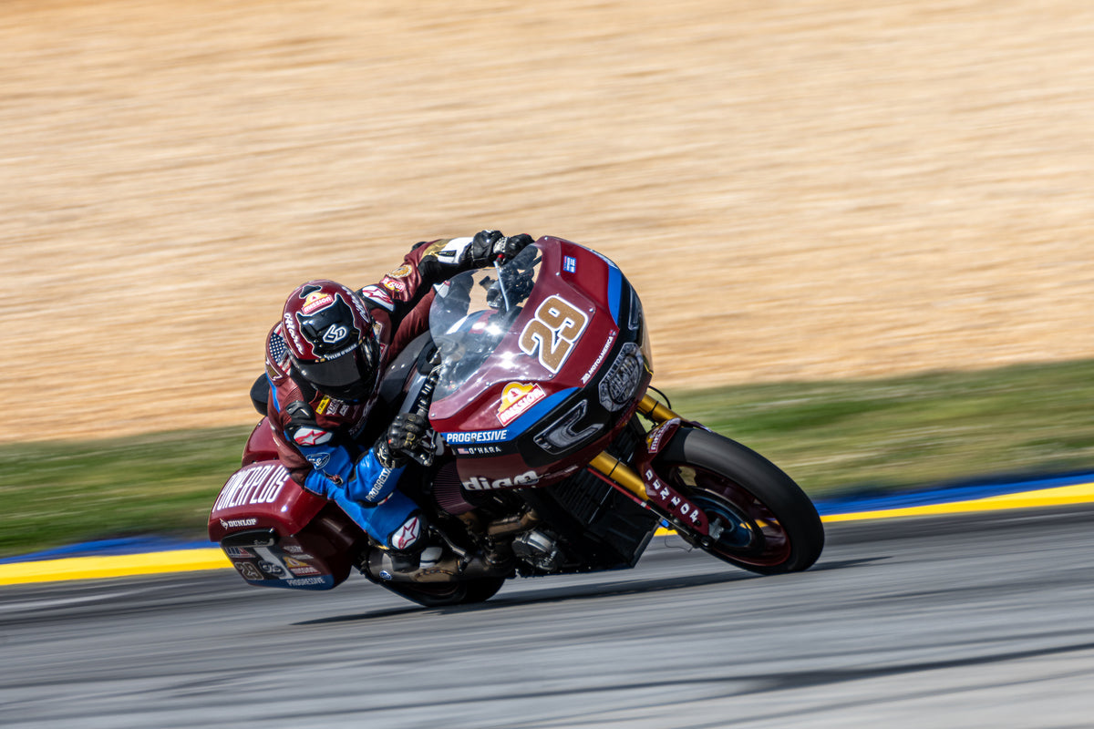Number 29 King of the Baggers race bike knee-down at Road Atlanta, 2024