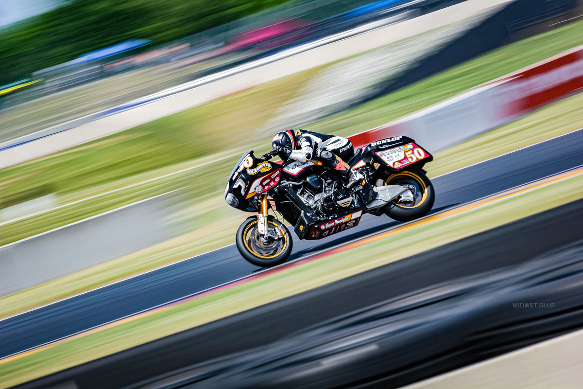 Number 50 King of the Baggers race bike at speed at Road America, 2023