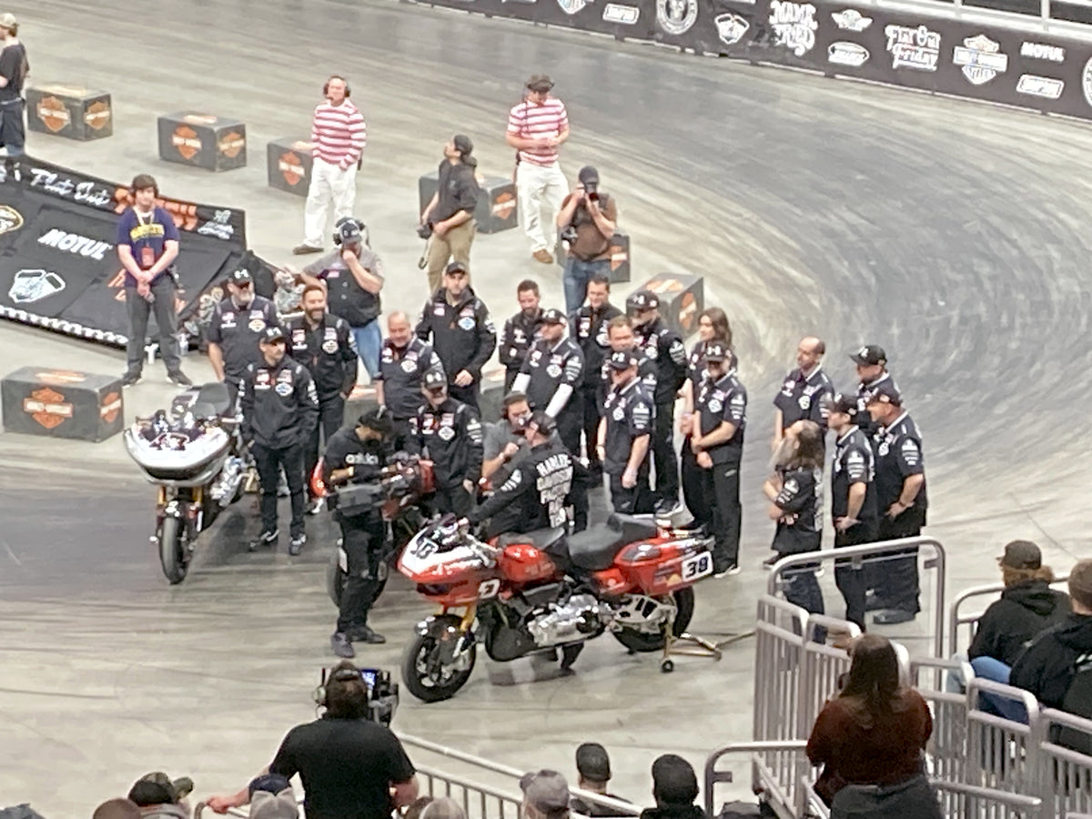 Harley-Davidson MotoAmerica factory team and bagger race bikes at Flat Out Friday, 2026