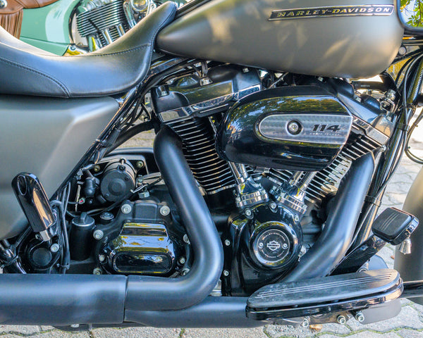 Milwaukee-Eight 114 engine close-up on a Harley-Davidson touring bike; Vaxholm, Sweden