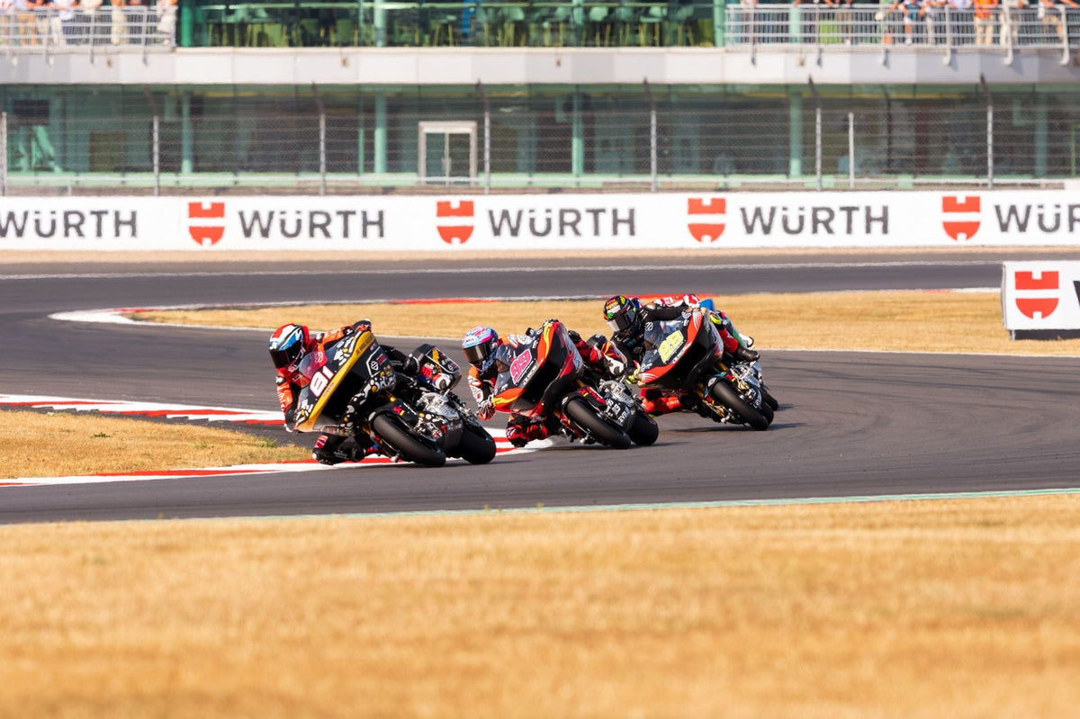 Jordi Torres (81), Oscar Gutierrez (99) and Andrea Iannone (29) racing at Silverstone Circuit during the FIM Harley-Davidson Bagger World Cup