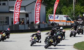 MotoAmerica King of the Baggers machines lined up on the front straight at Mid-Ohio Sports Car Course