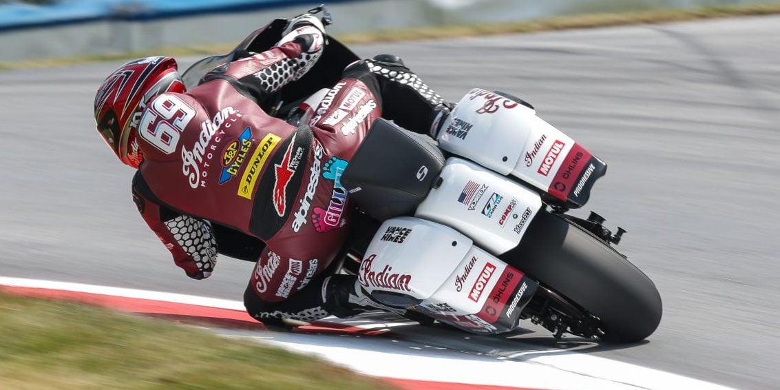 Hayden Gillim (#69) aboard his J&P Cycles/Motul/Vance & Hines Factory Indian at Mid-Ohio during King of the Baggers warmup, photo by Brian J. Nelson
