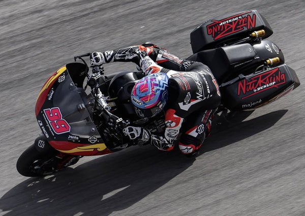Oscar Gutierrez (#99) on his Niti Racing Harley-Davidson at MotorLand Aragón during FP2 of the Bagger World Cup