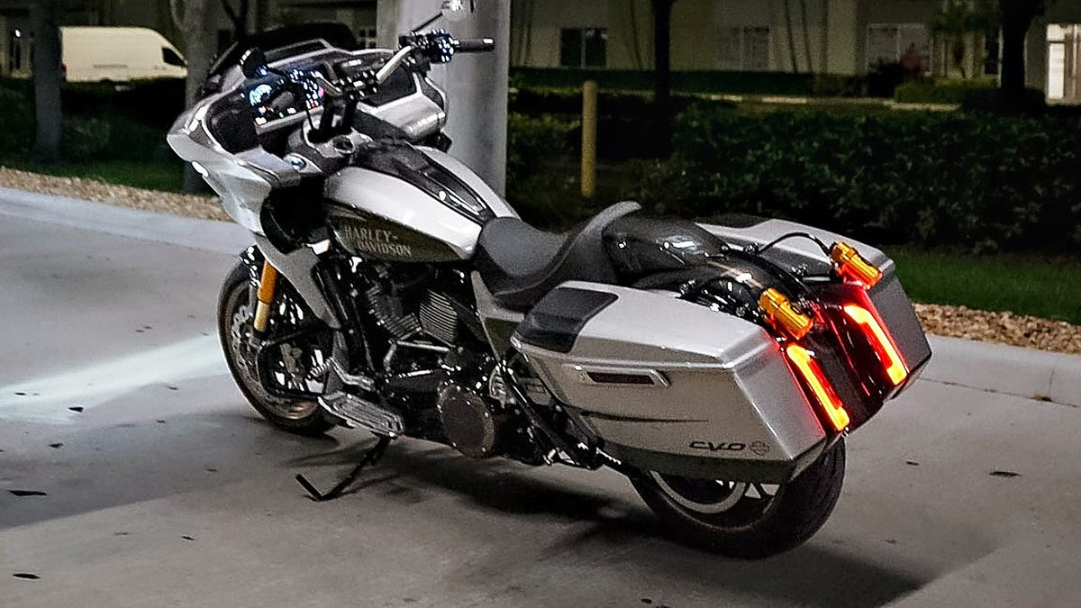 V-Twin Bikers CVO Road Glide build, rear three-quarter with LED saddlebag lights
