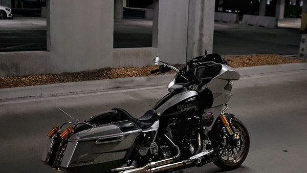 V-Twin Bikers CVO Road Glide build showing the engine, exhaust and saddlebags