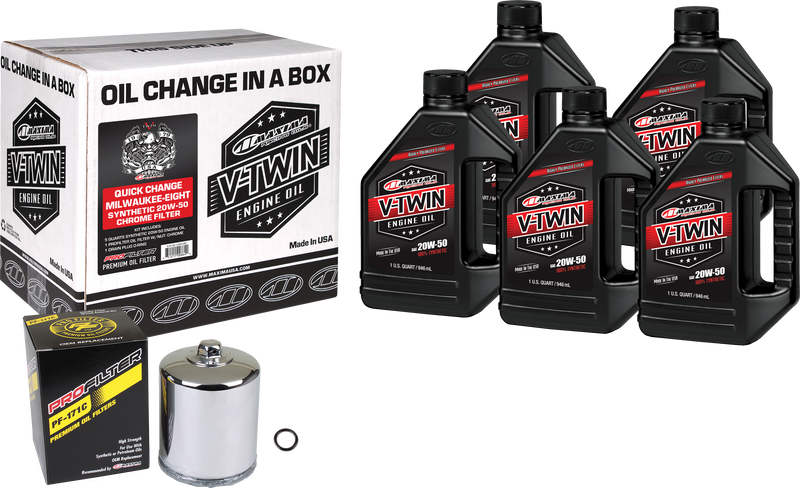 Maxima V-Twin Quick Change Oil Filter Kit - SYN OIL Change KIT M8 Chrome Filter