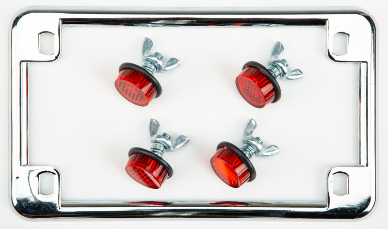 Chris Products License Plate Frame w/Reflectors - W/4 RED Reflectors Chrome