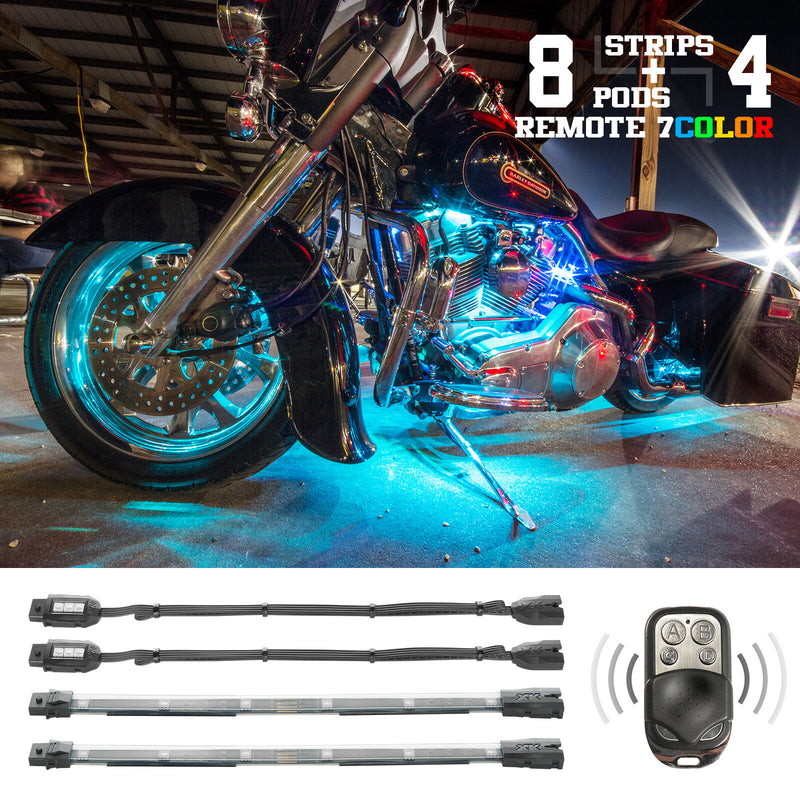 Xk Glow Multi-color Motorcycle LED Accent Light Kit w/Remote Key Fob - 12pc 7 C…