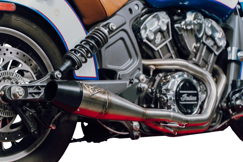 Sawicki Indian Scout Long Exhaust - MID Length Brushed SS W/ BLK END CAP