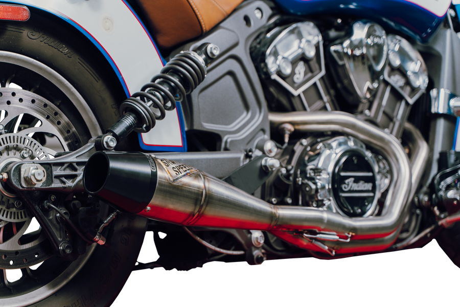 Sawicki Indian Scout Long Exhaust - MID Length Brushed SS W/ BLK END CAP