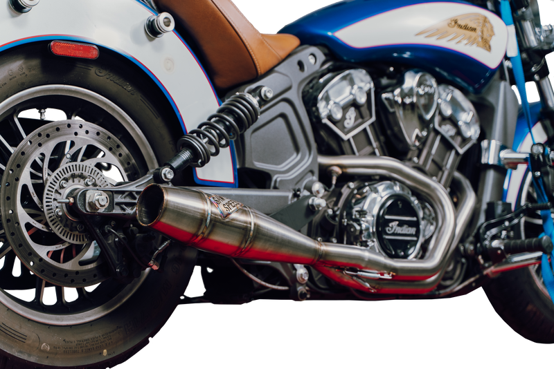 Sawicki Indian Scout Long Cannon Exhaust - MID Length Cannon Brushed SS