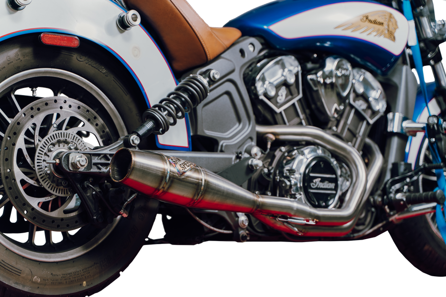 Sawicki Indian Scout Long Cannon Exhaust - MID Length Cannon Brushed SS